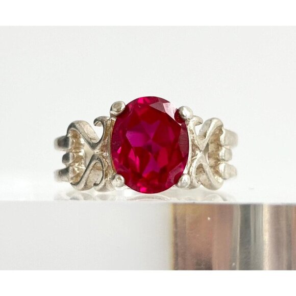 Modernist Natural Ruby Gemstone Geometric Sterling Silver Vintage Ring - sz 8 - Picture 1 of 10